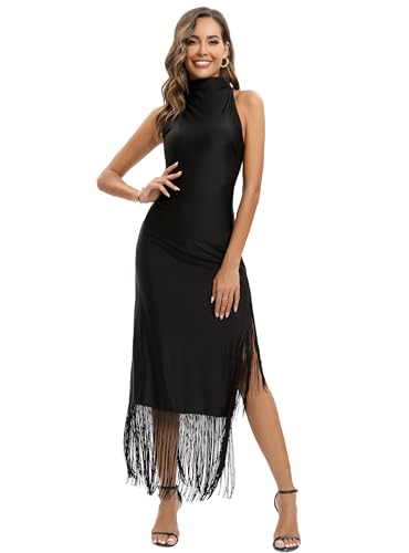 Image of Aigeman Women Vintage Flapper Dresses 1920s Great Gatsby Halter Fringed Maxi Dress Tassels High Split Formal Dress 19