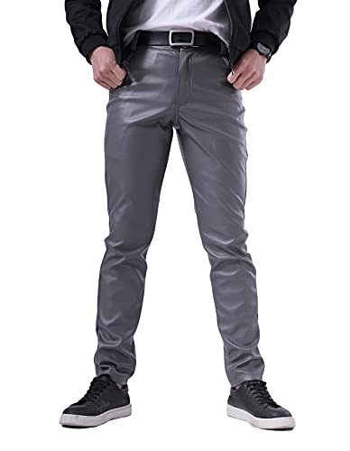 Men`s Summer Business Thin Slim Fit PU Dress Faux Leather Pants Jeans Grey/38