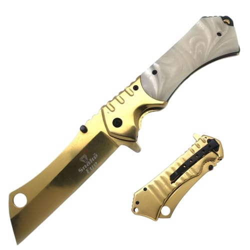 Snake Eye Tactical Heavy Duty Folding Pocket Knife Outdoors Camping Hunting Fishing. (White & Gold)