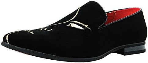 Santimon Mens Velvet Loafers, Black and Gold Dress Shoes for Men with Embroidery Suede Leather, Red Bottom Smoking Slippers Tuxedo Shoes for Homecoming Prom Wedding and Driving Face 9.5 US | Image 1