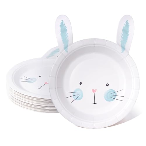 Cheerland Bunny Plates Blue Easter Paper Plate Cute Rabbit Shaped Tableware 7 Inch for Themed Birthday Decorations Some Bunnies is One Gender Reveal Garden Spring Tea Party Baby Shower Supplies 24pcs