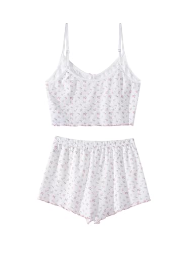 Image of Hilinker Womens Graphic Print Ribbed PJ Set Crop Cami Tops and Shorts Cute Pajamas Set