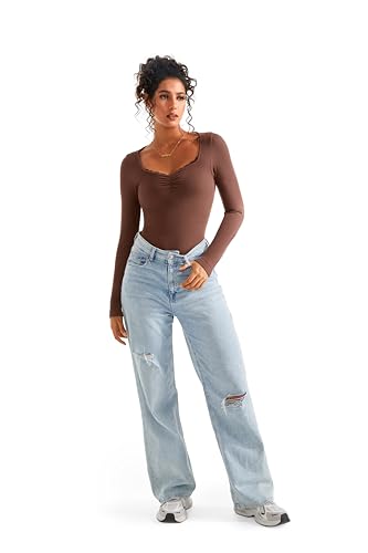 Image of SUUKSESS Women Sweetheart V Neck Long Sleeve Tops Lace Trim Ribbed Modal Fall Going Out Shirts