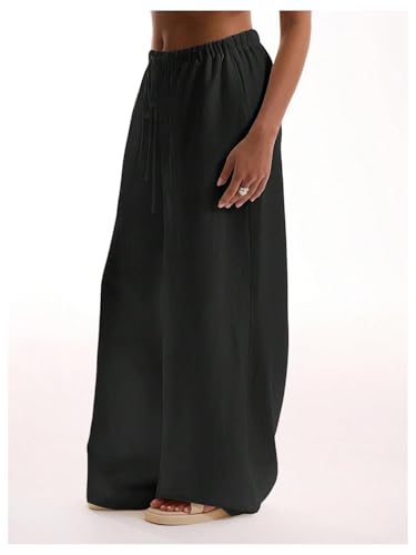 Image of RoseSeek Womens Linen Pants Wide Leg Loose Cotton Swimsuit Coverups Summer Pants Beach Vacation Outfits Black M