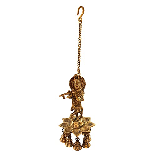 ARTVARKO Brass Krishna Roof Hanging Diya Oil Lamp with Antique Bell with Long Metal Hook for Home Decor, Pooja Mandir, Golden