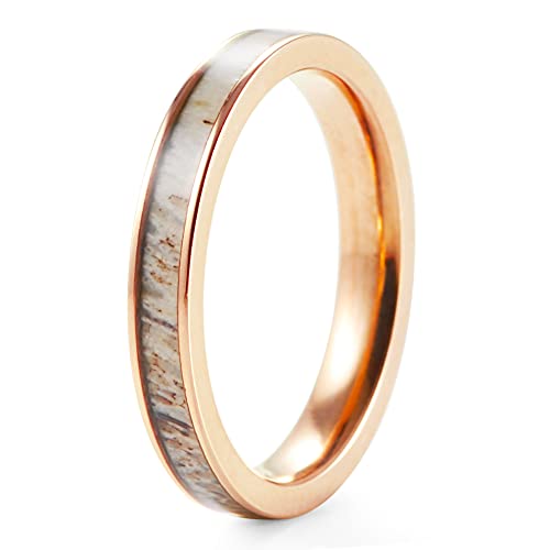 Women's 3mm Rose Gold Titanium Ring with Real Antler Inlaid Wedding Bands2