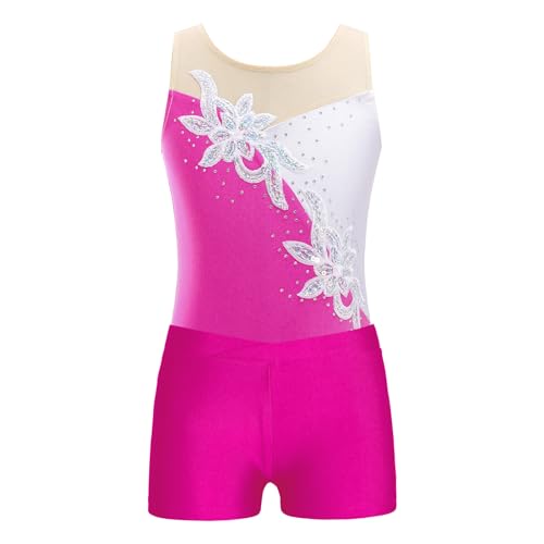 Linjinx Kids Girls Rhinestone Floral Gymnastics Dance 2 Piece Outfits Sleeveless Leotards with Athletic Shorts Sets Tracksuit3