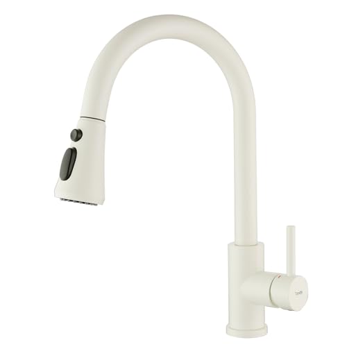 Tondiy Grifo de Cocina Extraíble Beige Blanco con 3 Modos, Mezclador de Fregadero con Ducha, Grifería Monomando con Caño Giratorio 360°, Acero Inoxidable 304, Alta Presión