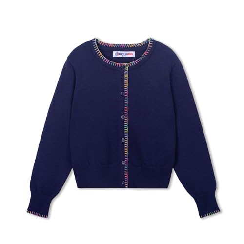 Girls Knit Cardigan – Soft Lightweight Sweater with Rainbow Trim for School or Layering