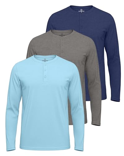 Image of Real Essentials 3 Pack: Mens Casual Long & Short Sleeve Cotton Henley Lightweight Button T-Shirt, Long Sleeve - Set