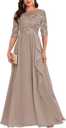 YIANN Robe de mère de la mariée à manches mi-longues en dentelle et mousseline pour femme, ligne A, robe formelle d'invitée de mariage, taupe, 40