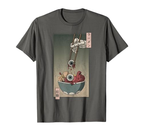 Weirdcore Aesthetic Japanische Ramen-Nudeln Augapfel Anime T-Shirt Grau S