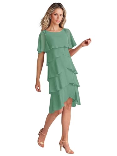 Tea Length Mother of The Bride Dresses for Wedding Guest Chiffon Tiered Evening Gowns with Sleeves JH035