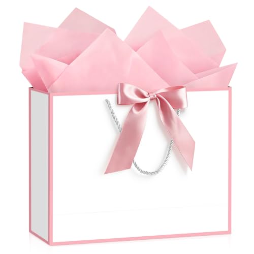 Image of JMANNI Gift Bags with Handles, 13 inch Medium Gift Bag for Presents, 1 Pcs Bags with 2 Tissue Paper and 1 Cards for Baby Shower Wedding Bridal Shower Mother's Day Birthday Party (White-Pink