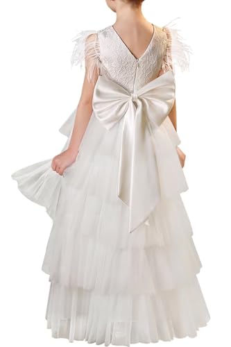 Puffy Tulle Flower Girl Dress with Bow Lace Appliques Pageant Dresses for Girls Ostrich Feather First Communion Dress