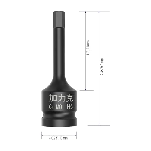 Image of 3PCS 3 /8 inch Square Drive H5(5mm) Impact Hex Bit Socket, 60mm(2.36 inch) Length, Hex Driver, Impact Grade, One-Piece Construction, 3 /8 inch Drive Allen Bit Socket, Cr-Mo Steel, Black