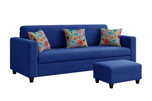 Image of Rosebell 3 Seater Sofa with Ottoman | Living Room Couch | with Printed Cushions | Sofa for Home, Apartment & Office-Blue Color