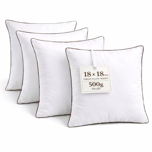 Fabornus 18 x 18 Inch Throw Pillow Inserts Set of 4 Square White Cushion Forms with Brown Piping 500g Filled for Decorative Pillow Covers