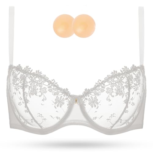 Image of Wingslove Women's Sexy Lace Bra Demi Sheer Mesh Balconette See Through Bralette Unlined Underwire Embroidered