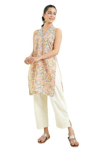 Image of GOODHAND Women Printed Cotton Kurti | Casual Long Kurta | Comfortable Ethnic Wear with Relaxed Fit