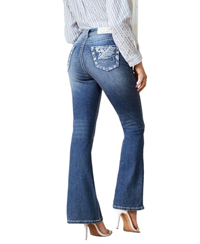 ZRP Women's Mid-Waist Flared Jeans, Embroidered Feather & Rhinestone Back Pockets, Plus Size