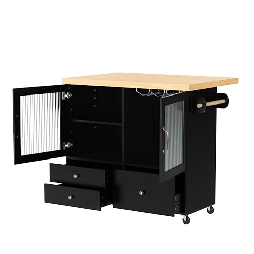 HMHKHN Isla de cocina móvil, carrito de cocina, mesa de comedor extensible, armario de buffet, armario de cocina con ruedas, soporte para copas de vino y espacio de almacenamiento, para cocina - imagen 9