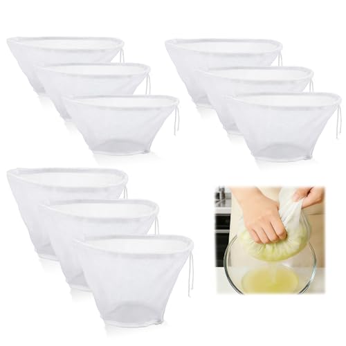 9 Pieces 3 Sizes Cheese Cloth Bag for Straining, Bowl-Shaped Nylon Fine Mesh Strainer Bags, Reusable Squeeze Strainer Pouch for Nut Milk Juice Dumpling Fillings Vegetable Tea Filter (3Sizes)