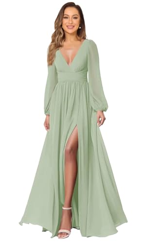 Chiffon Bridesmaid Dresses with Slit for Wedding V-Neck Formal Dress Long Sleeve Prom Evening Gowns for Women3