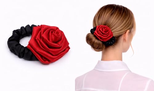 Image of Satin Scrunchies Hair Bands for Women | No-Damage Elastic Hair Ties for Ponytails & Buns | Fluffy & Stylish Rubber Bands | Free Size | Pack of 1 (Maroon Red)