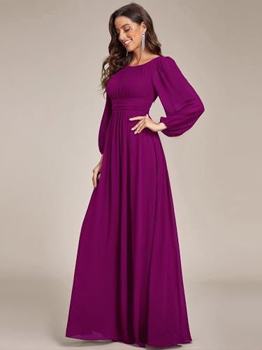 Image of Ever-Pretty Women's Crewneck Long Lantern Sleeves Floor Length A-Line Pleated Chiffon Formal Dress 0106B