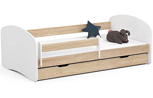 AKORD Kinderbett Smile180x90cm mit Matratze und Schublade Einzelbett für Kinderzimmer Schlafzimmergestell im Set Geländer Bequeme Matratze Eiche Sonoma