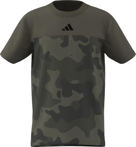 adidas Unisex Kinder Seasonal Essentials Camo Cotton T-Shirt Juniors, Olive strata/Black, 13-14 Years