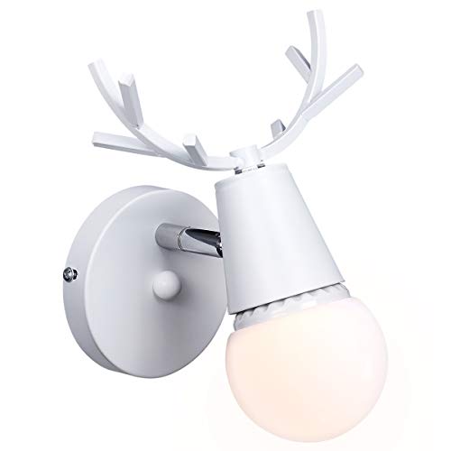 KAWELL Créatif Applique Murale Moderne Lampe Murale Simple Lampe de Mur Fer E27 Base Tête de Cerf Nordique Style Art Déco pour Chambre, Salon, Chambre d'enfants, Restaurant, Couloir, Escaliers, Blanc
