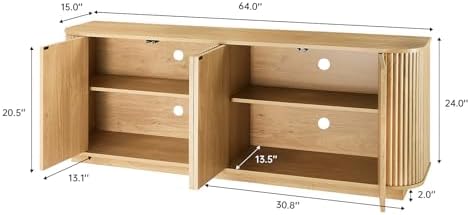 LKTART 64" Sideboard Buffet Cabinet with Storage, Wooden Fluted Storage Cabinet Sideboard Cabinet Console Cabinet with Adjustable Shelves Pressed Spring for Kitchen Living Room (Natural Oak)