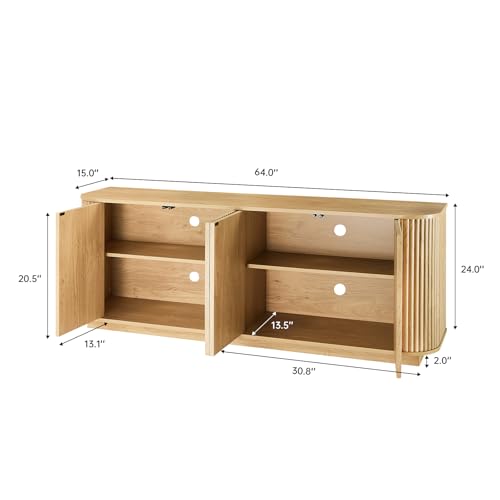 LKTART 64" Sideboard Buffet Cabinet with Storage, Wooden Fluted Storage Cabinet Sideboard Credenza with Adjustable Shelves Pressed Spring for Kitchen Living Room (Natural Oak)