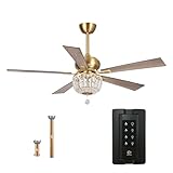 Parrot Uncle Gold Ceiling Fans with Lights and Remote, 52 Inch Crystal Chandelier Ceiling Fan for Bedroom Living Room, Indoor/Outdoor Use, 3 Speeds, Reversible 5 Blades, Ventilador de Techo con Luz