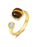 18K Gold Plated Brown Tiger Eye CZ Natural Stone Adjustable Statement Open Ring for Women by SNGIA, Summer Beach Unique Bead Gemstone Stackable Wedding Date Birthday Gift, Bohemian Stone Irregular Trendy Navy Jewelry, Textured Patterned Fashion Quartz Accessories, Vintage Hammered Circular Nickle Free Gifts.