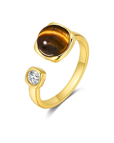 18K Gold Plated Brown Tiger Eye CZ Natural Stone Adjustable Statement Open Ring for Women by SNGIA, Summer Beach Unique Bead Gemstone Stackable Wedding Date Birthday Gift, Bohemian Stone Irregular Trendy Navy Jewelry, Textured Patterned Fashion Quartz Accessories, Vintage Hammered Circular Nickle Free Gifts.