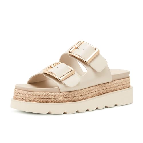 Image of DOEYG Platform Sandals for Women Summer Beach Raffia Slide Sandals Comfortable Casual Woven Straw Sandal with Buckle