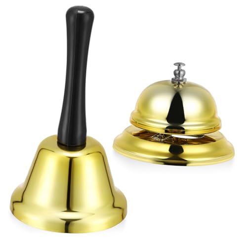BIUDECO 2 Piezas Campanas de Mano para Restaurante Doradas Timbres de Servicio para Bar Recepción con Sonido y Diseño Compacto