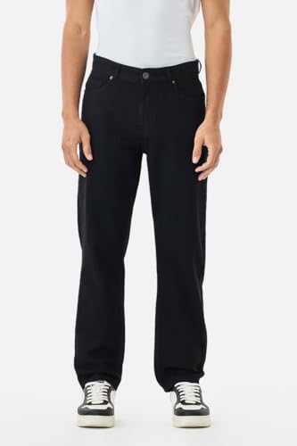 Image of SNITCH Men Casual Jeans | Relaxed Fit Straight Leg Washed Pattern & Drawstring Closure | 100% Cotton Denim Fabric for All Day Comfort & Everyday Wear