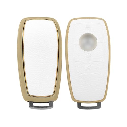 Image of keyzone Litchi Leather Textured TPU Key Cover & Keychain for E-Class, S-Class, A-Class, C-Class, G-Class 2020 Onwards Smart Key (White)