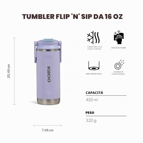 IGLOO Tumbler 16 Borraccia Termica in Acciaio 450 ml – Bottiglia a prova di perdite per sport & outdoor – Doppia parete mantiene caldo o freddo – Tumbler resistente per ogni giorno - Immagine 1