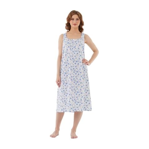 Keyocean Nightgowns for Women, Soft Cotton Lightweight Comfortable Sleeveless Summer Ladies Sleeping-gown, Blue Floral on Cream, X-Large (XL) Cover