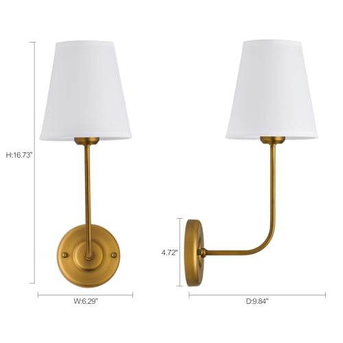 Image of Hardwired Wall Sconce Set of 2 with Flared Shape White Textile Shade Curved Arm and Antique Brass Finish Metal Base,Perfect for Bedroom Living Room Bathroom Vanity Area