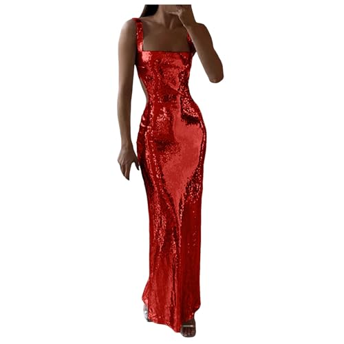 Duohropke Vestido de noche elegante con lentejuelas para mujer, sin mangas, vestido de fiesta, corte ajustado, vestido de boda, vestido de graduación, largo hasta el tobillo, rojo, S