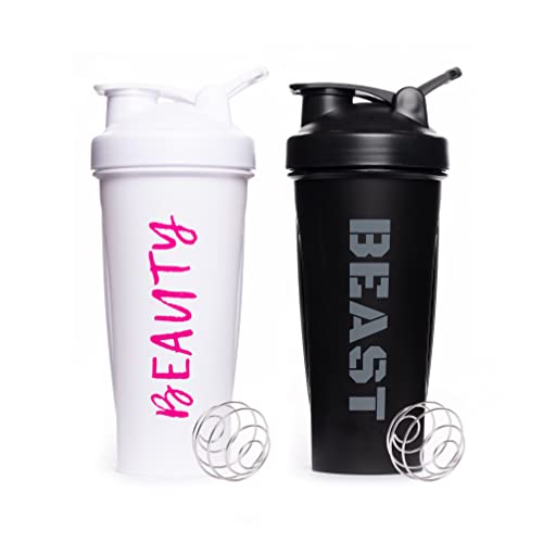 Protein Shaker Bottles - 2 Pack of Matching Mixer Cups with Whisk Balls - Portable Leak-Proof Bottle with Carrying Loop - Best for Gym, Workouts, Sports - Dishwasher Safe (Beauty & Beast 28oz)