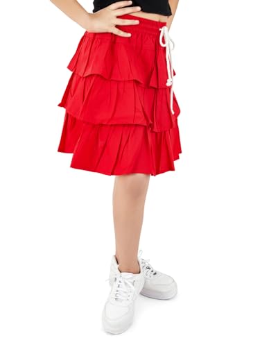 Image of olele Girls Roxy Ruffle Skirt - Red Cotton for 4 to 14 Years Kid | Layer Skirt for Girls | Cotton Skirt for Girls | Red Skirt for Girls | Layered Skirt for Girls | Red Skirt for Girls Long