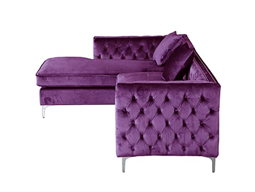 Iconic Home Da Vinci Velvet Modern Contemporary Button Tufted With Silver Nailhead Trim Silvertone Metal Y-Leg Left Facing Sectional Sofa, Purple #TOP6