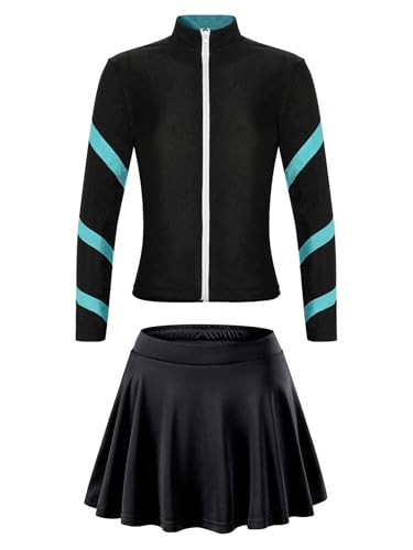 easyforever Kids Girls Sports Outfit Stripe Stand Collar Zipper Sweatshirt With Athletic Skirt Sets Dancewear Activewear Blue Green 12-13 Years3